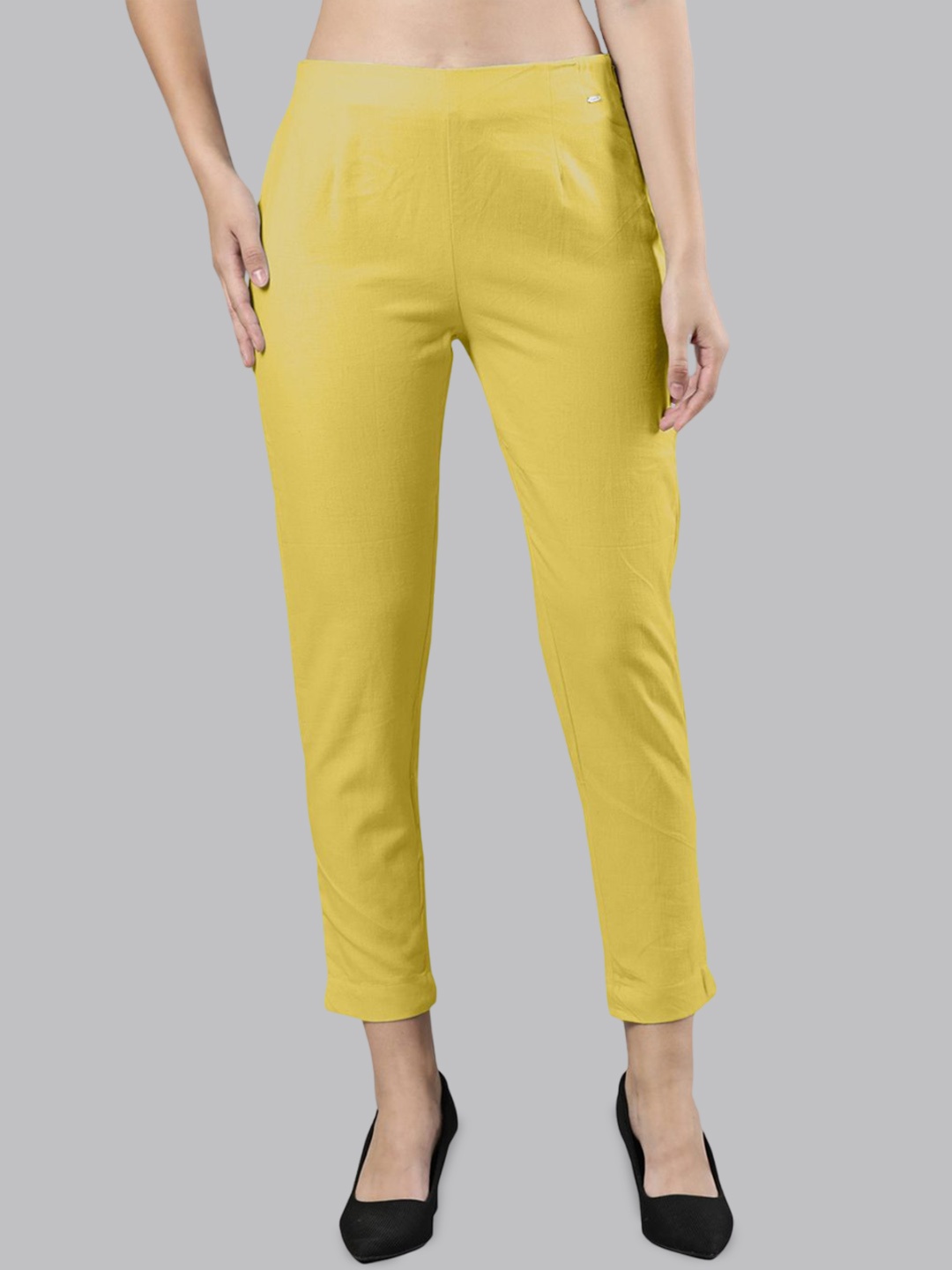 

Femmora Women Skinny Fit Flat-Front Mid-Rise Comfort Trousers, Yellow