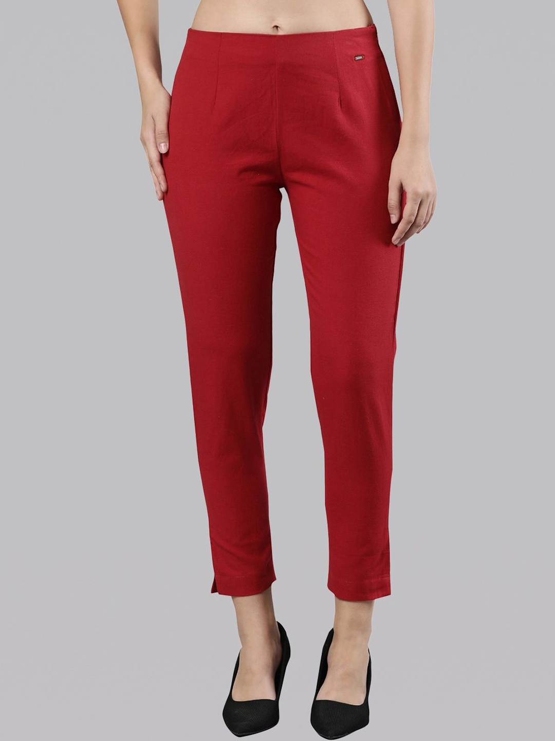 

Femmora Women Comfort Straight Fit Mid-Rise Flat-Front Trousers, Maroon