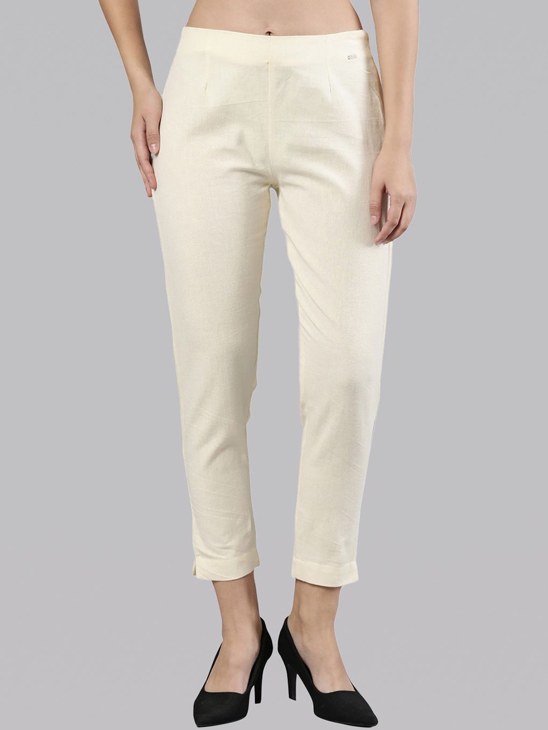 

Femmora Women Solid Mid-Rise Comfort regular Fit Cropped Cigarette Trousers, Cream