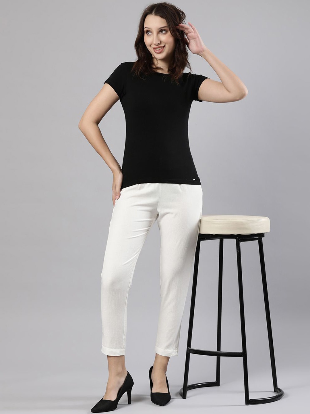 

Femmora Women Solid Regular Fit Comfort Mid-Rise Regular Trousers, Off white