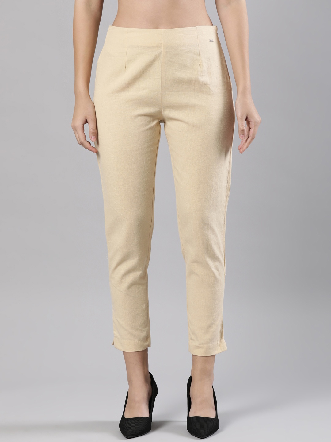 Femmora Women Comfort Straight Fit Mid-Rise Flat-Front Trousers, Beige