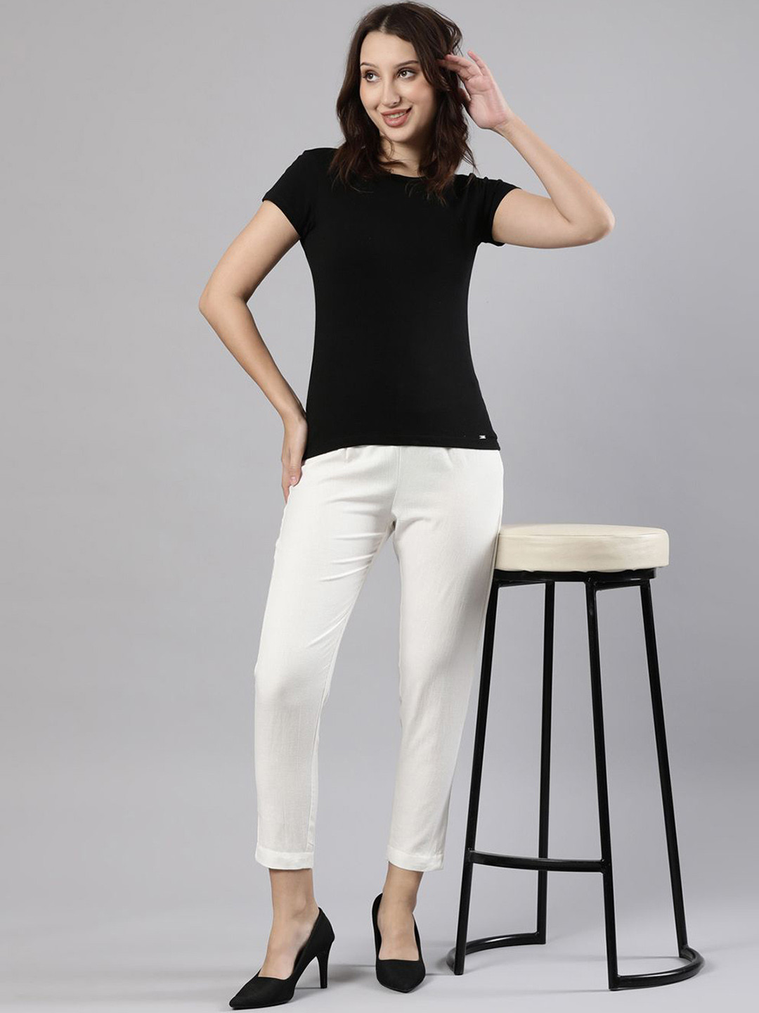

Femmora Women Solid Slim Fit Comfort Mid Rise Regular Trousers, Off white