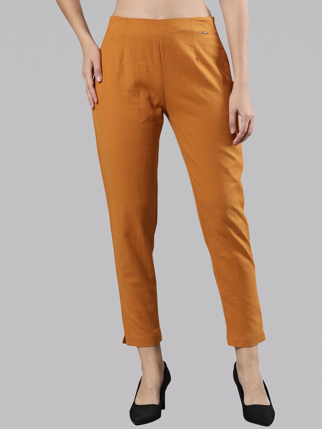 

Femmora Women Comfort Pleated Cropped Cigarette Trousers, Mustard