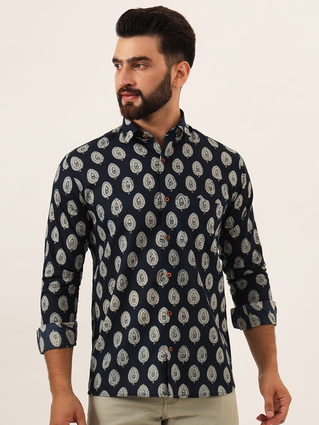 

MILLENNIAL MEN Men Pure Cotton Comfort Ethnic Motifs Printed Casual Shirt, Navy blue