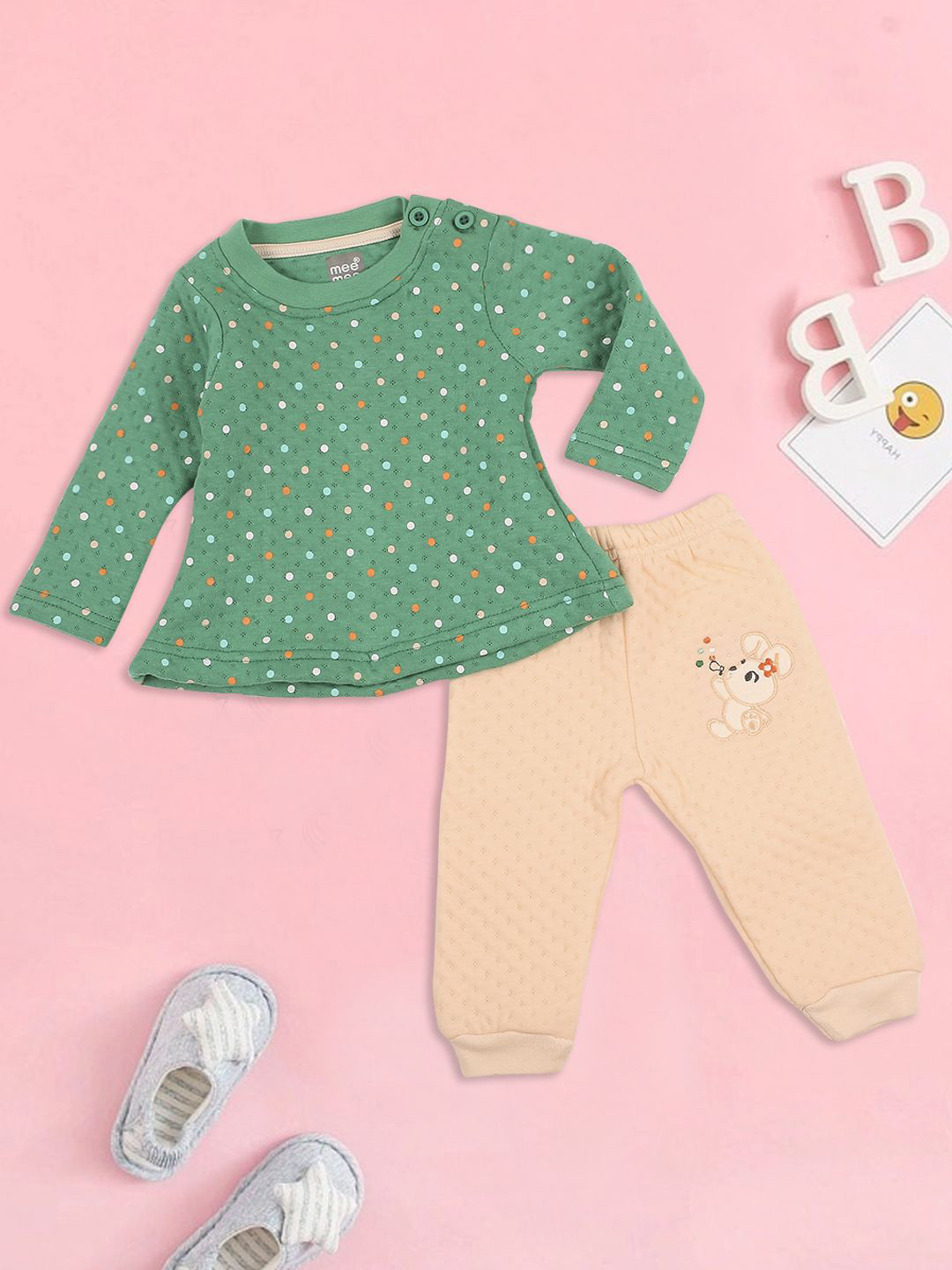 

MeeMee Girls Polka Dots Printed T-shirt with Trousers, Green
