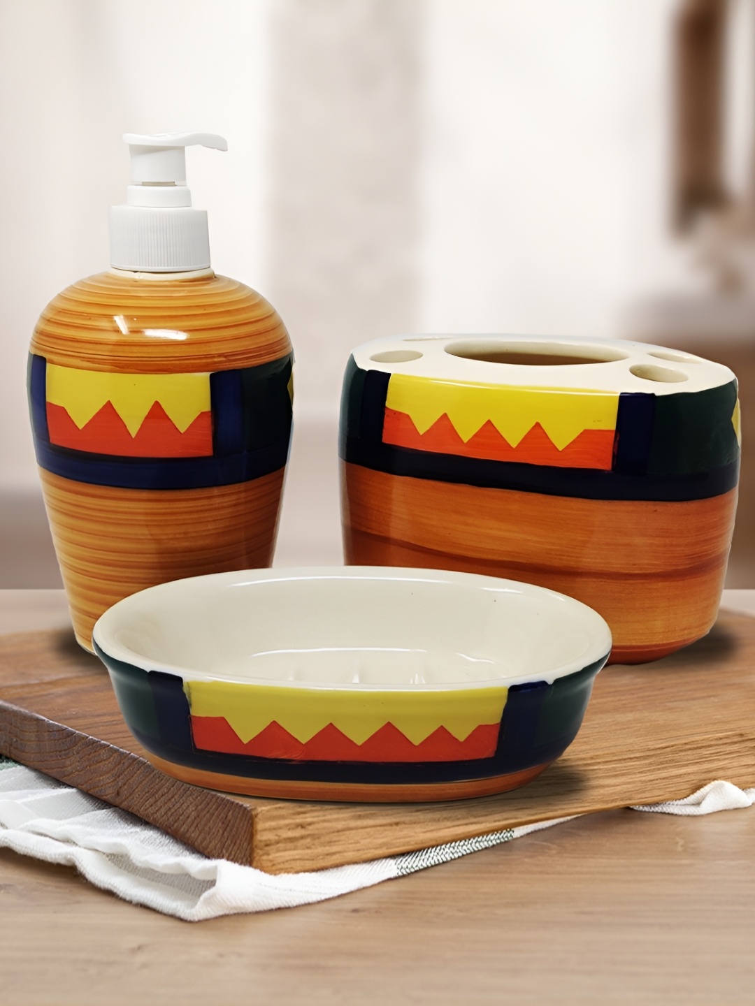 

The Artisan Emporium Orange & Yellow 3 piece Abstract Ceramic Bath Accessories Set