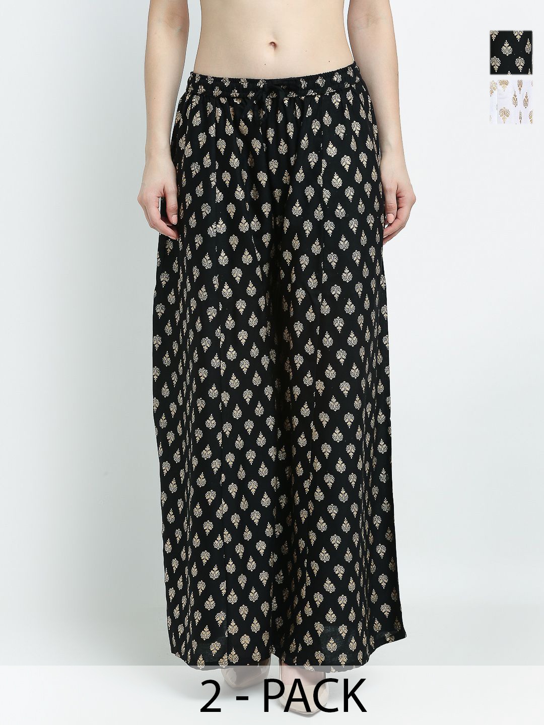 

GRACIT Women 2 Floral Full Printed Flared Knitted Ethnic Palazzos, Black