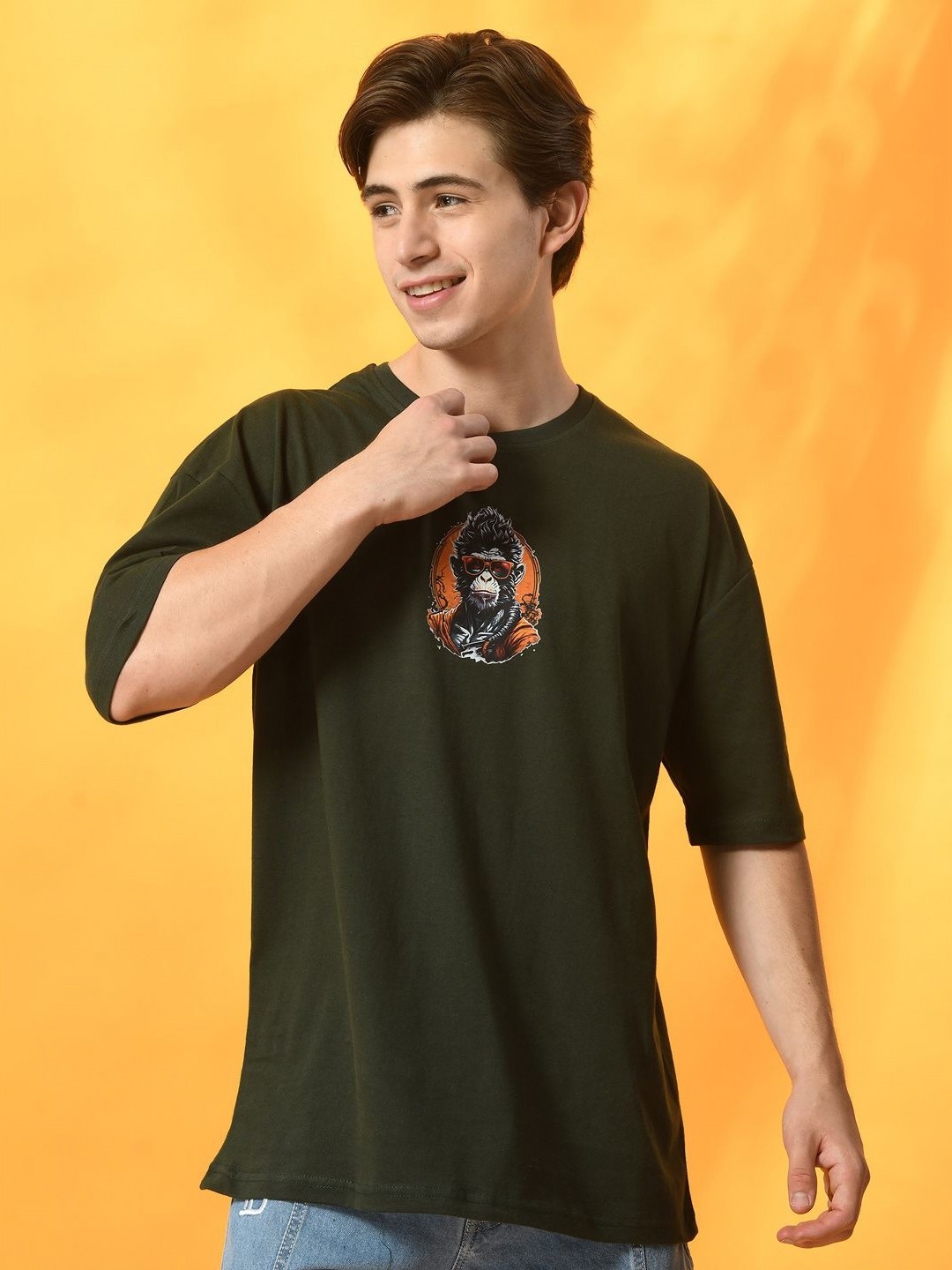 

FITINC Men Humour and Comic Printed Oversized Bio Finish T-shirt, Green