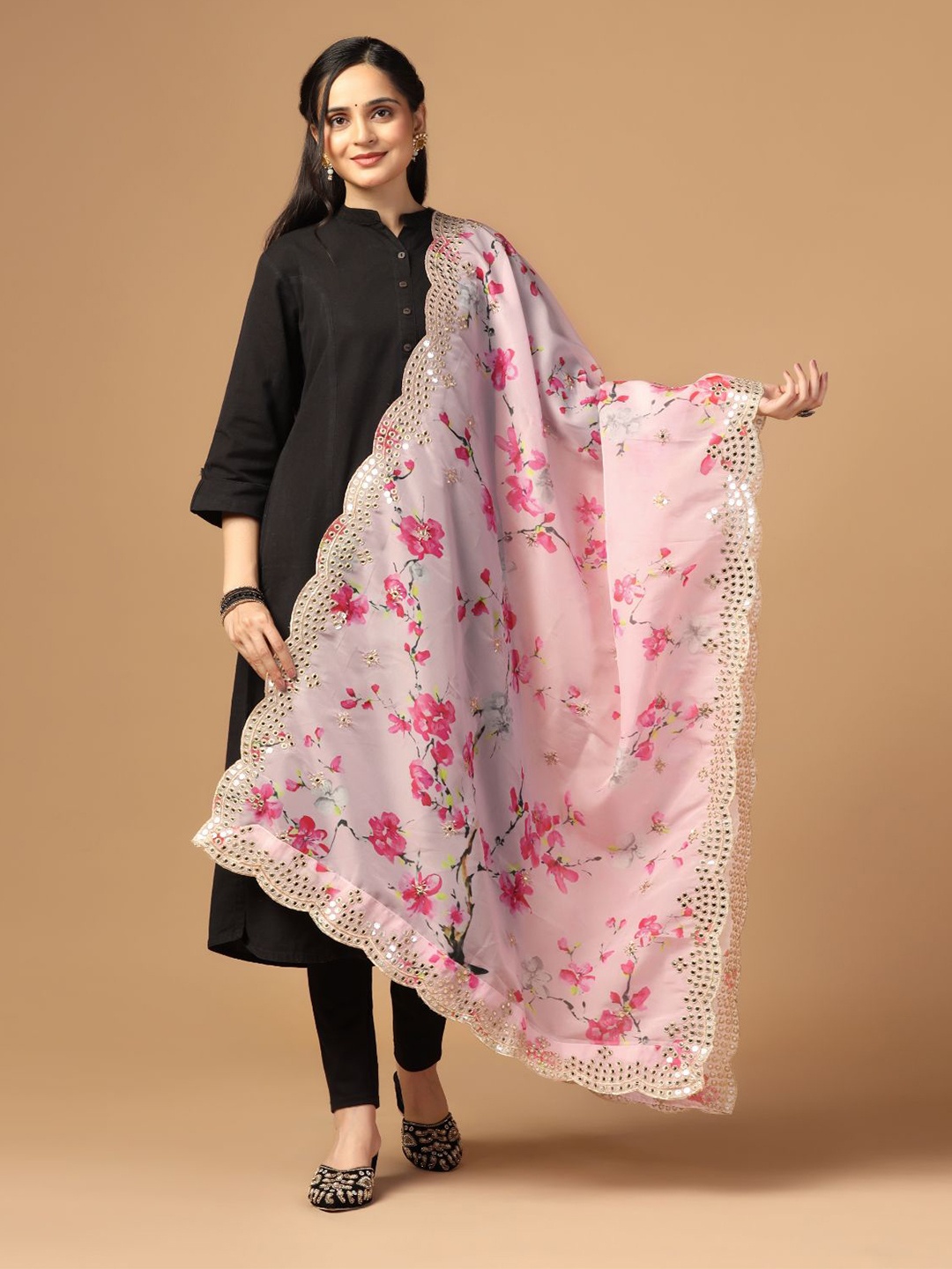 

Kaizen TEXO FAB Floral Printed Mirror Work Organza Dupatta, Pink