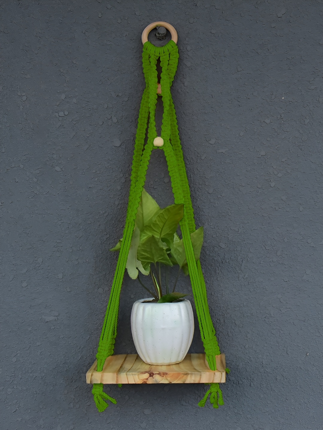 

Gathari Green & Beige Wooden Macrame Wall Shelf