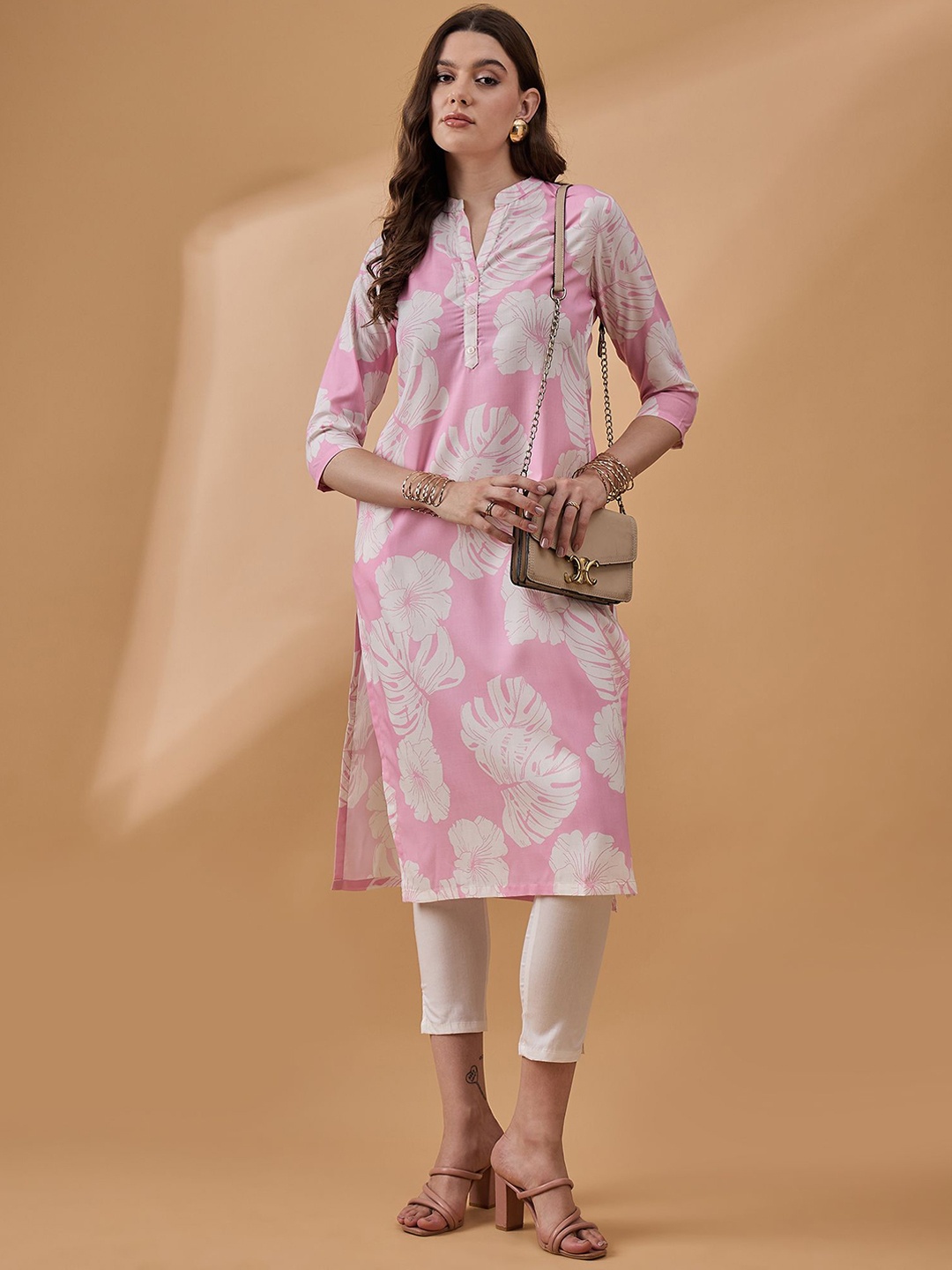 

all about you Pink Floral Printed Mandarin Collar Straight Kurta