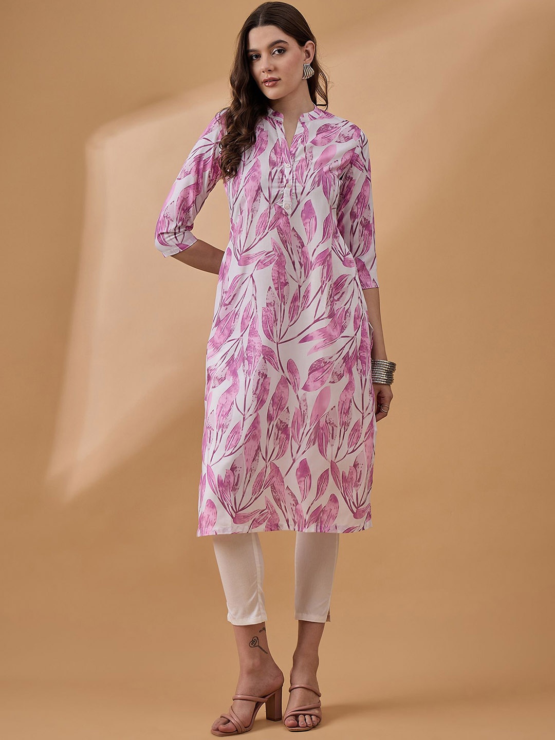 all about you Floral Printed Mandarin Collar Straight Kurta, Pink