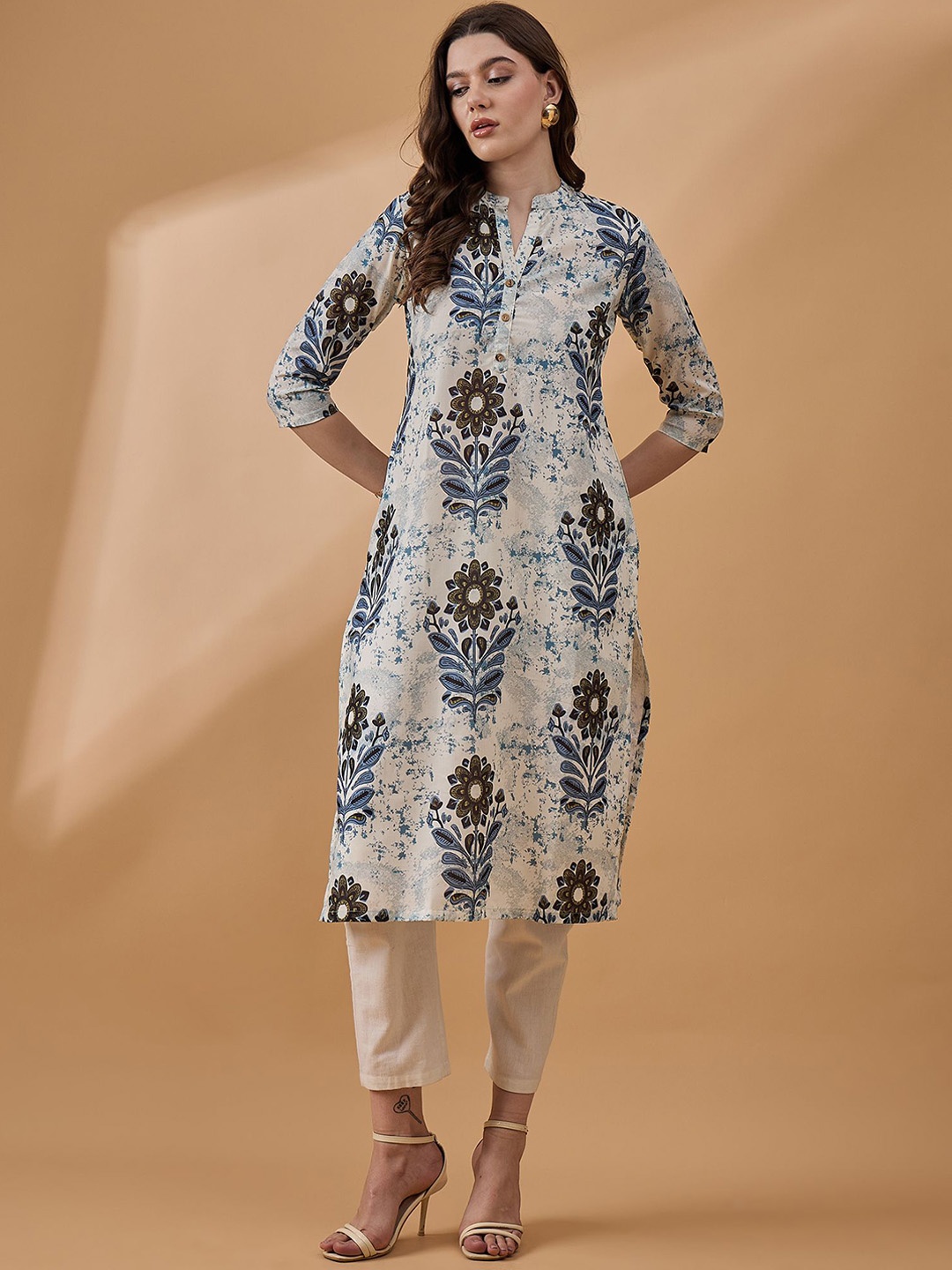 

all about you Floral Printed Mandarin Collar Straight Kurta, Cream