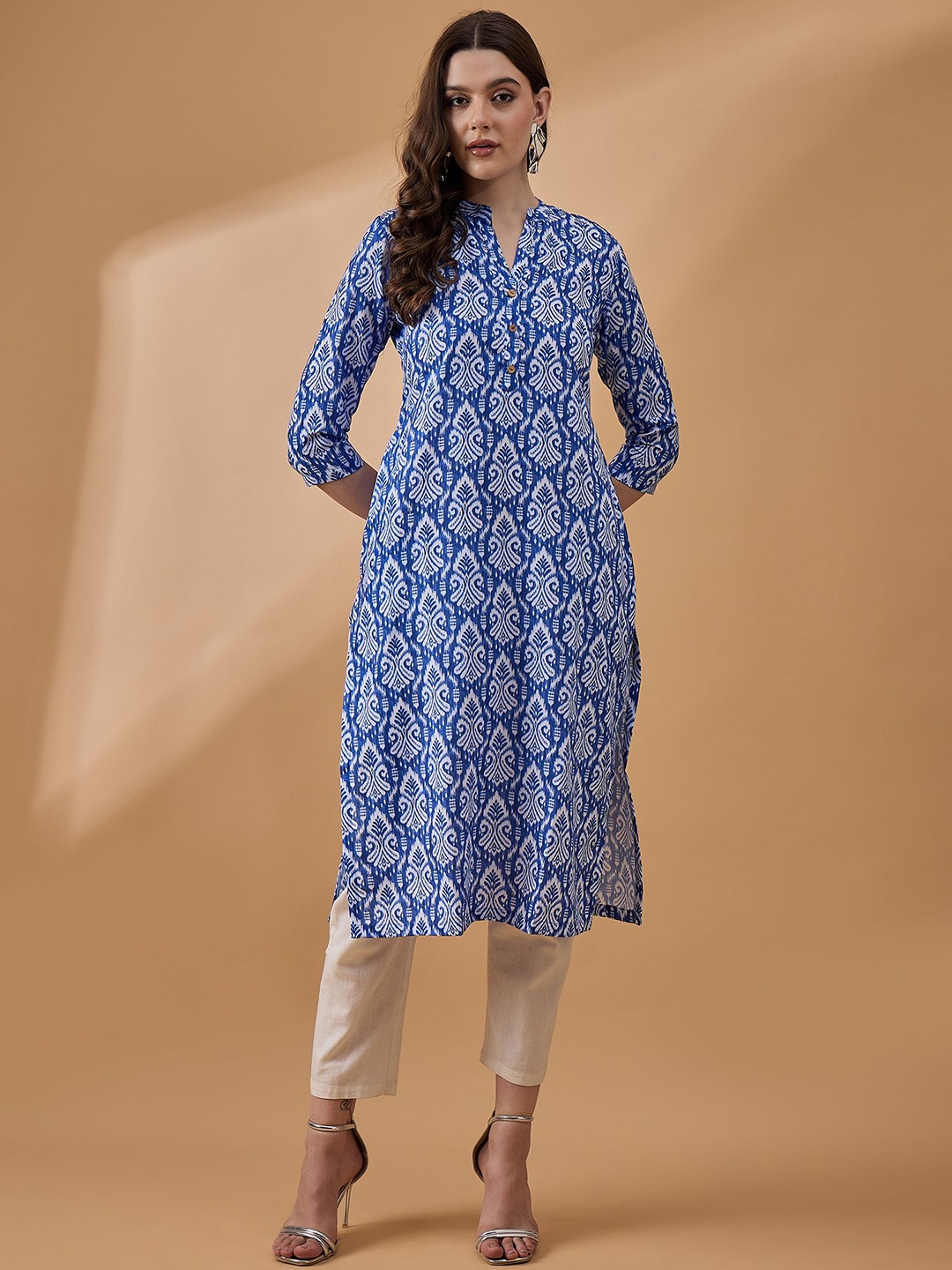 

all about you Ethnic Motifs Printed Mandarin Collar Straight Kurta, Blue
