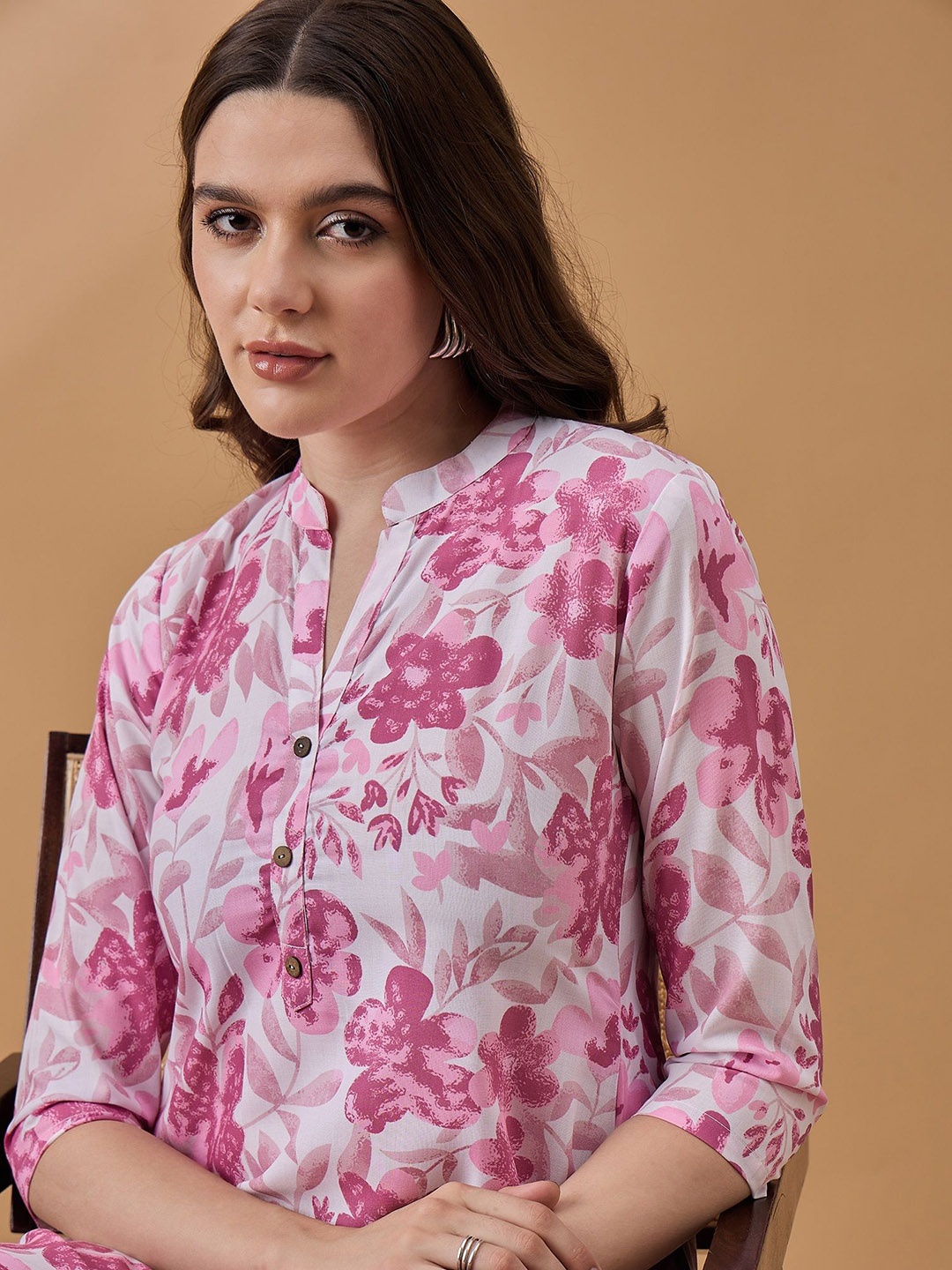 

all about you Pink Floral Printed Mandarin Collar Straight Kurta