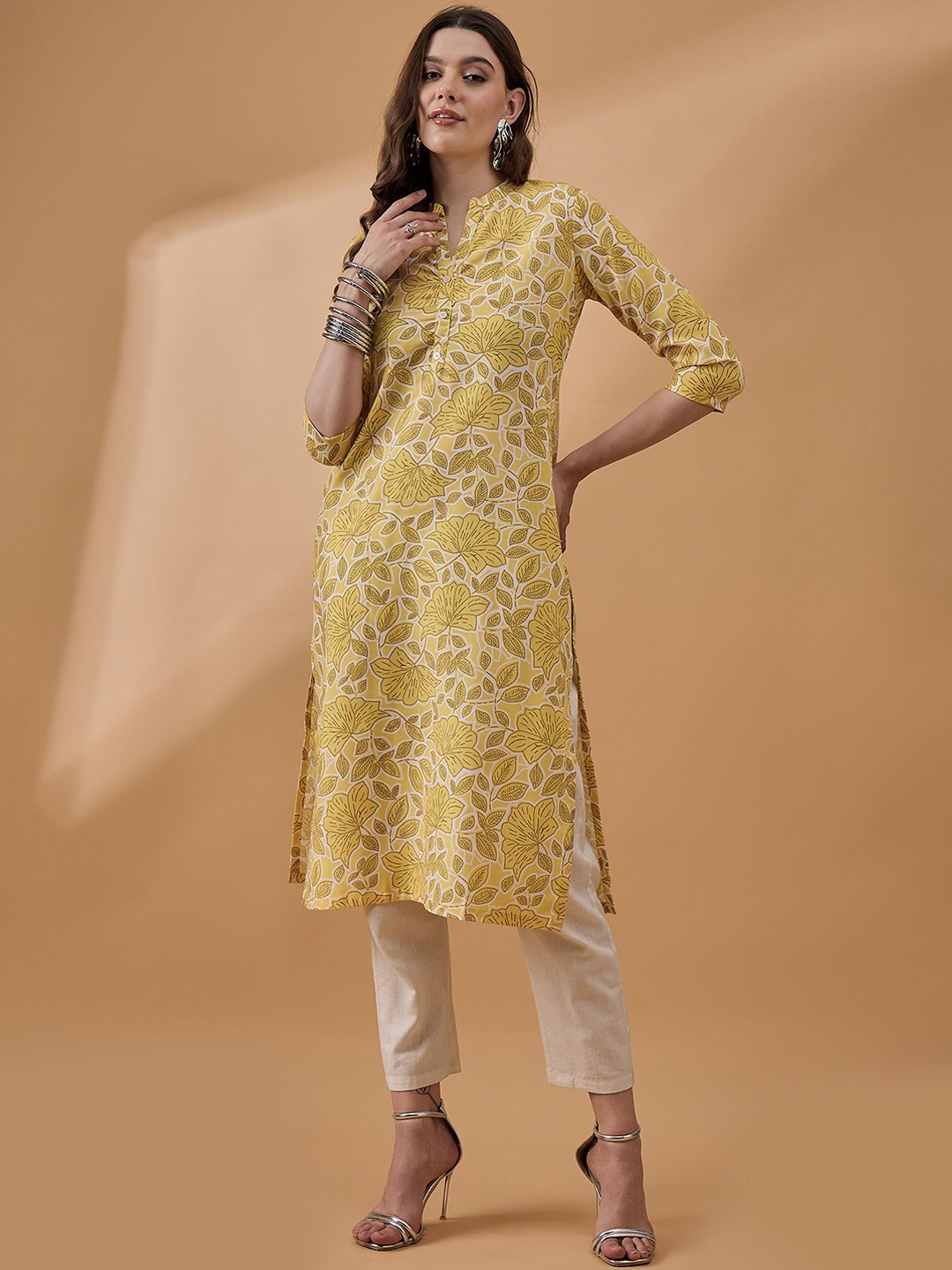 

all about you Floral Printed Mandarin Collar Straight Kurta, Yellow