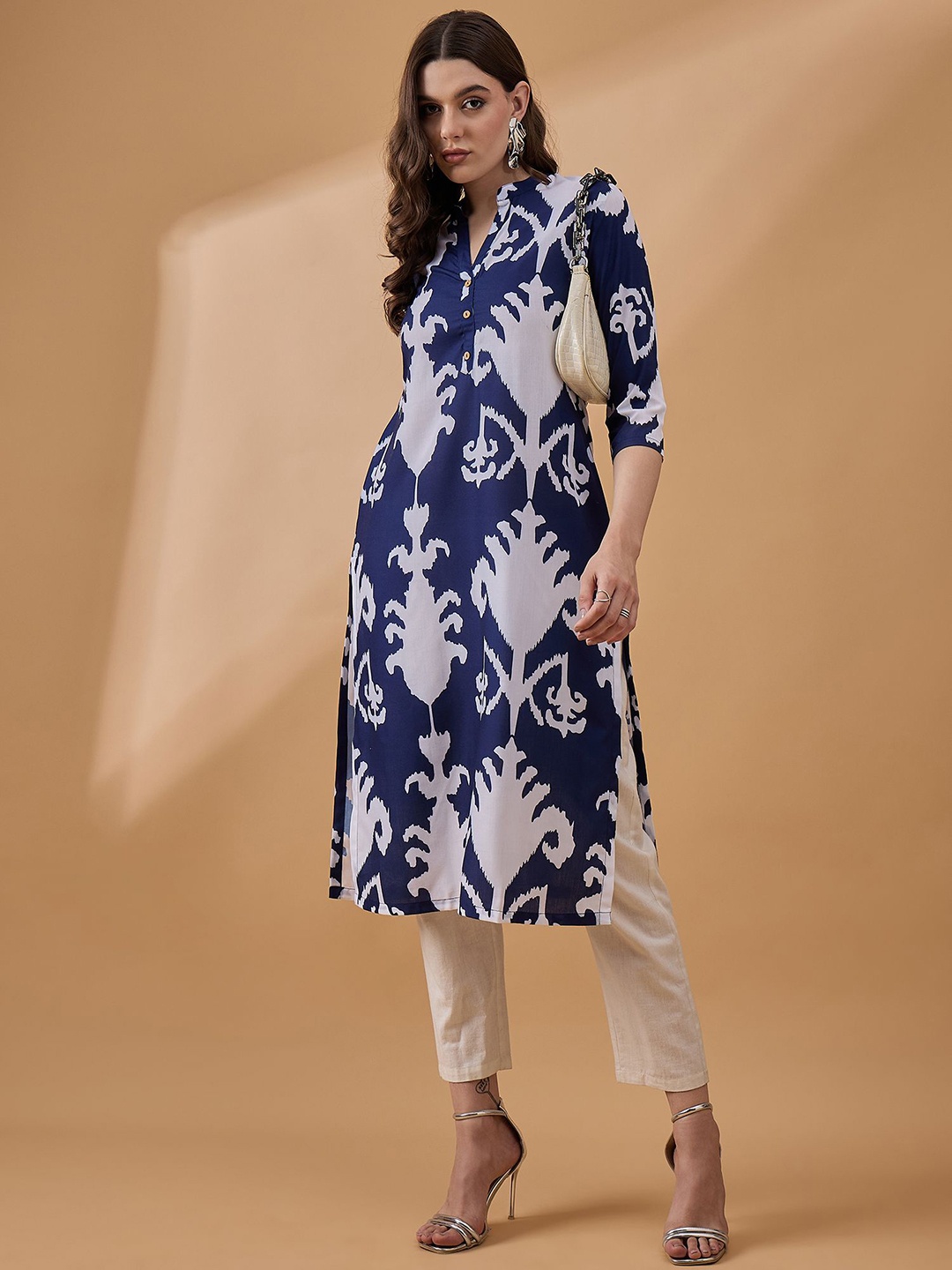 

all about you Navy Blue Floral Printed Mandarin Collar Straight Kurta