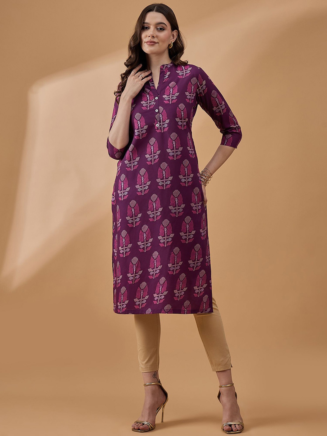 

all about you Ethnic Motifs Printed Mandarin Collar Straight Kurta, Purple