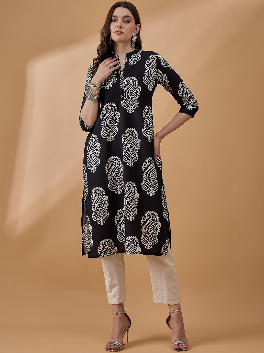 

all about you Ethnic Motifs Printed Mandarin Collar Straight Kurta, Black