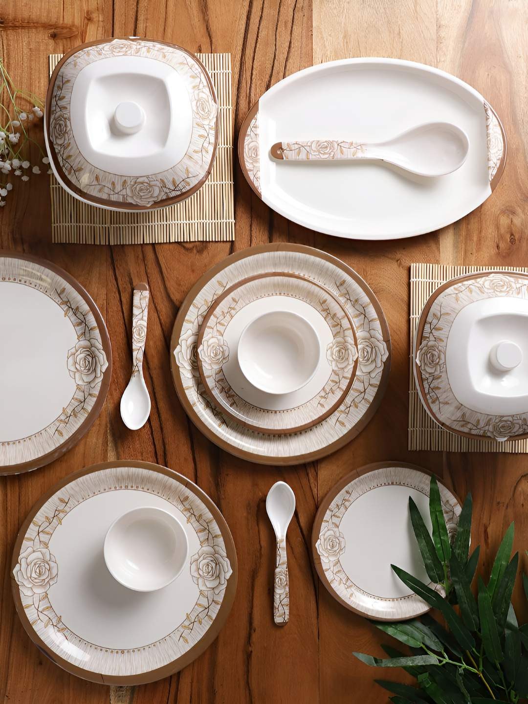 

Aura White & Brown 41 Pieces Floral Printed Melamine Glossy Dinner Set