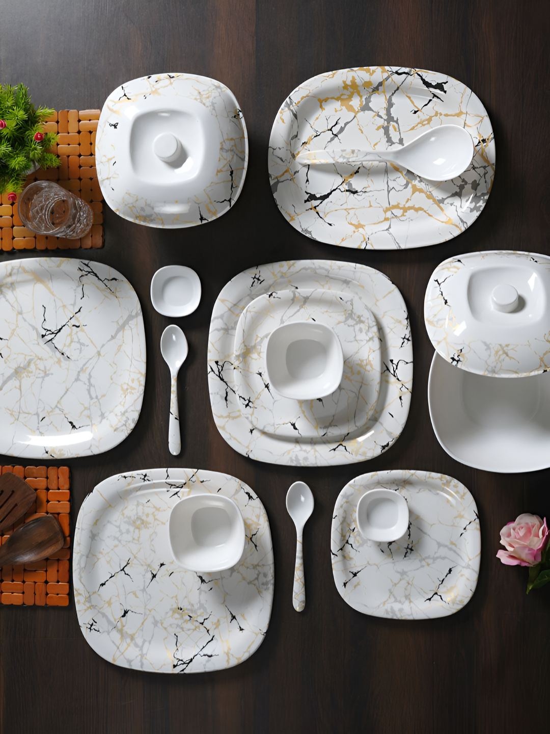 

Aura White & Grey 46 Pieces Printed Melamine Dinner Set