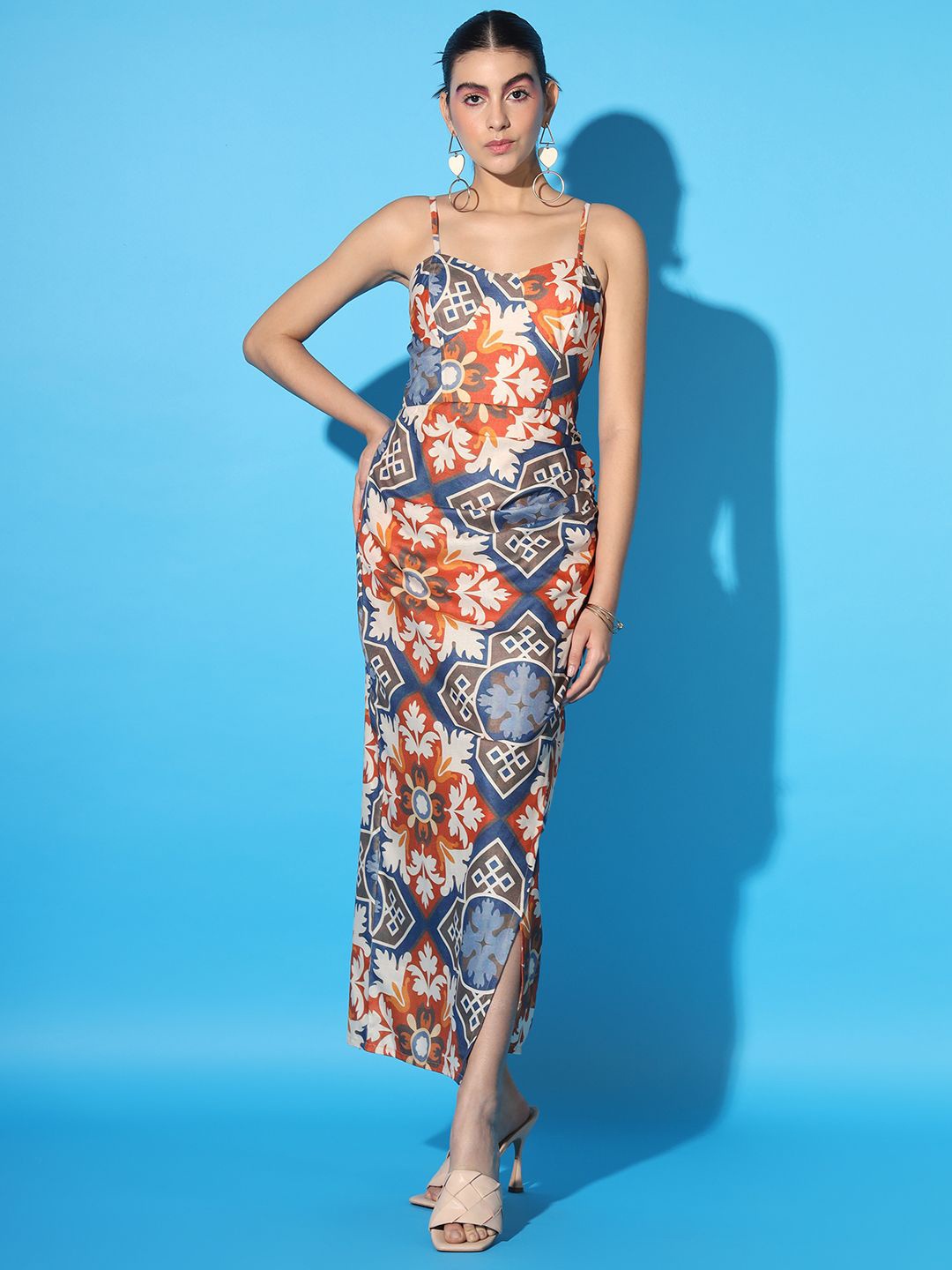 

BAESD Women Ethnic Motifs Print Shoulder Straps Maxi Sheath Dress, Multi