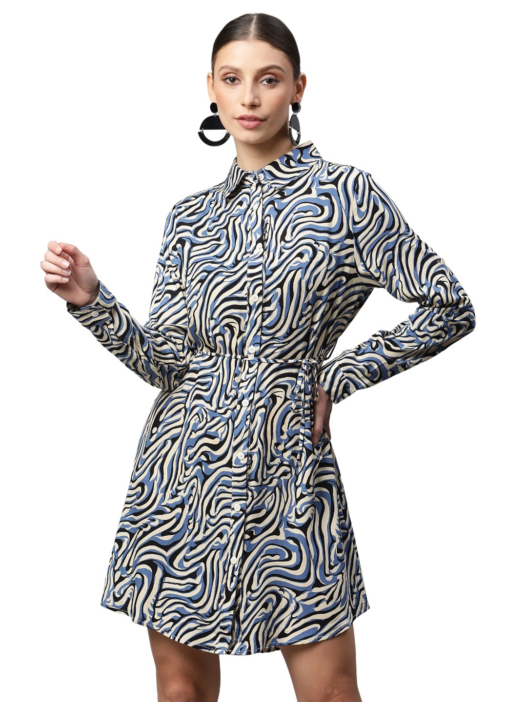 

Global Republic Women Printed Shirt Collar Lonf Sleevess Mini Shirt Dress, Blue
