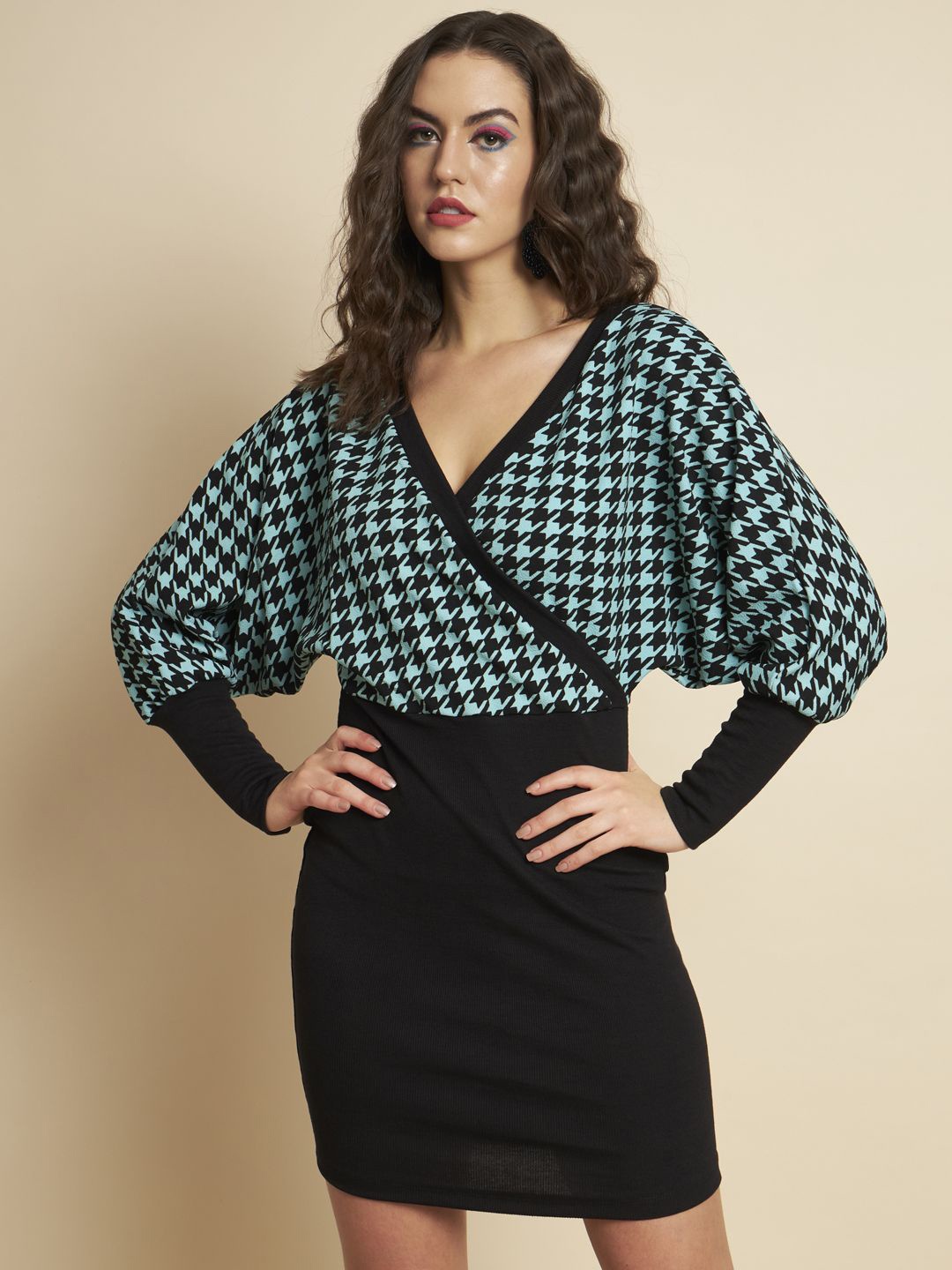 

TANDUL Checked Cuffed Sleeve Wrap Dress, Multi