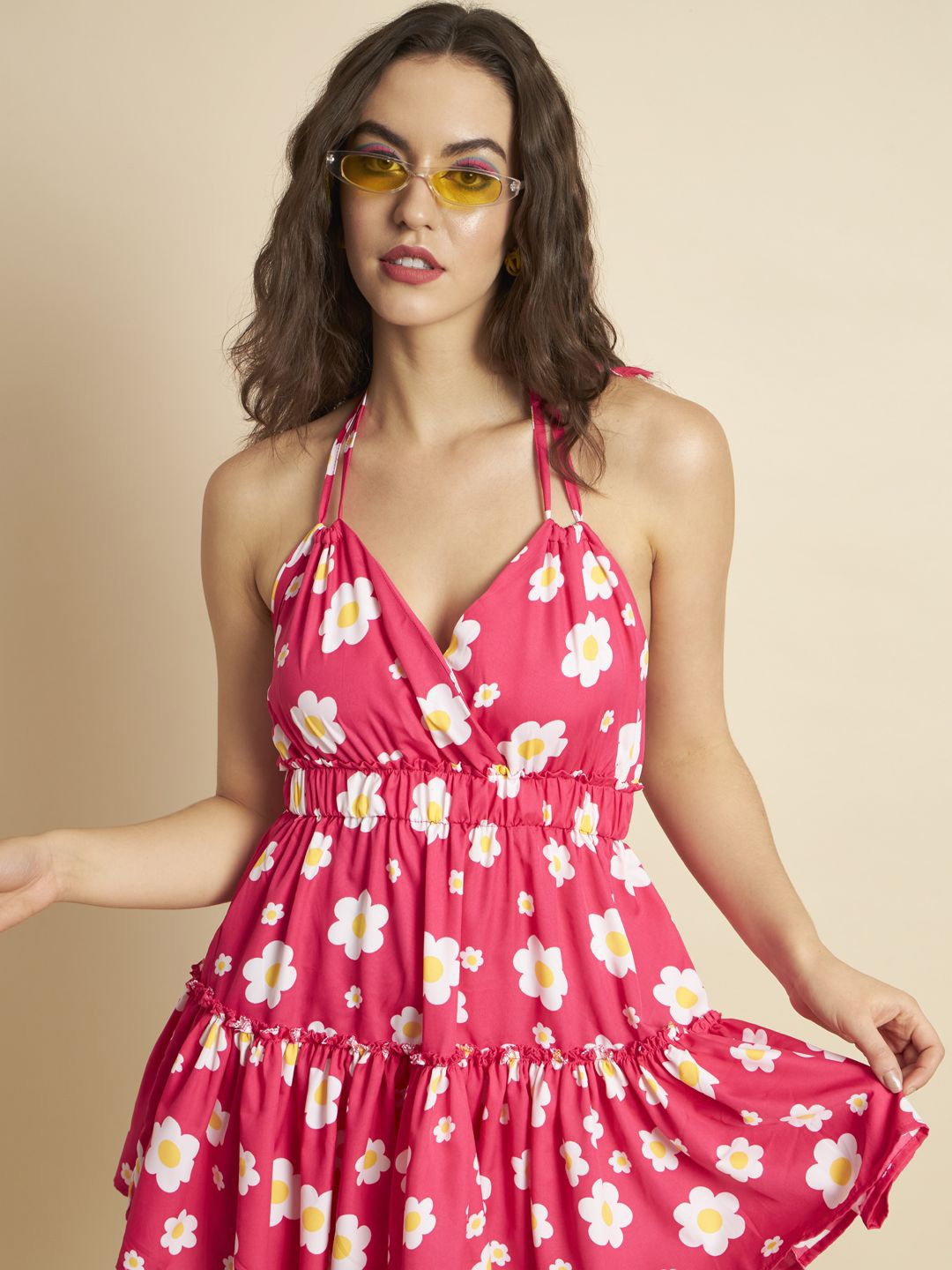 

TANDUL Floral Printed Halter Neck Empire Mini Dress, Pink