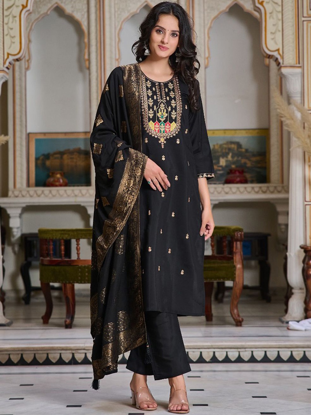 

KALINI Floral Embroidered Chanderi Silk Straight Kurta With Trousers & Dupatta, Black