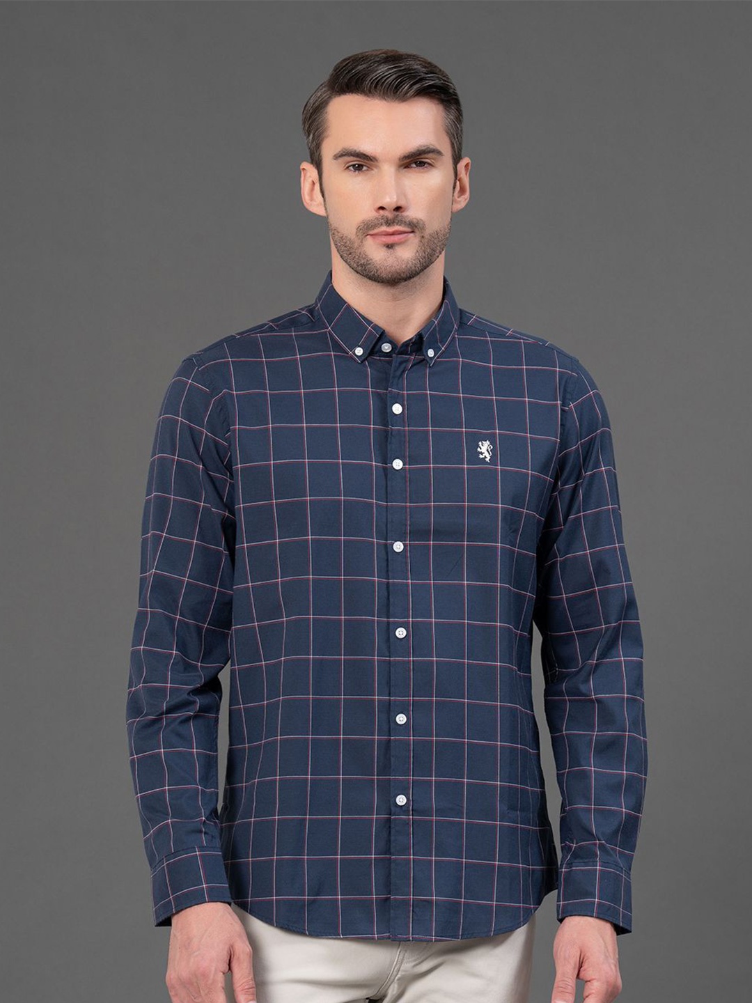 

Red Tape Men Windowpane Checks Opaque Checked Casual Shirt, Blue