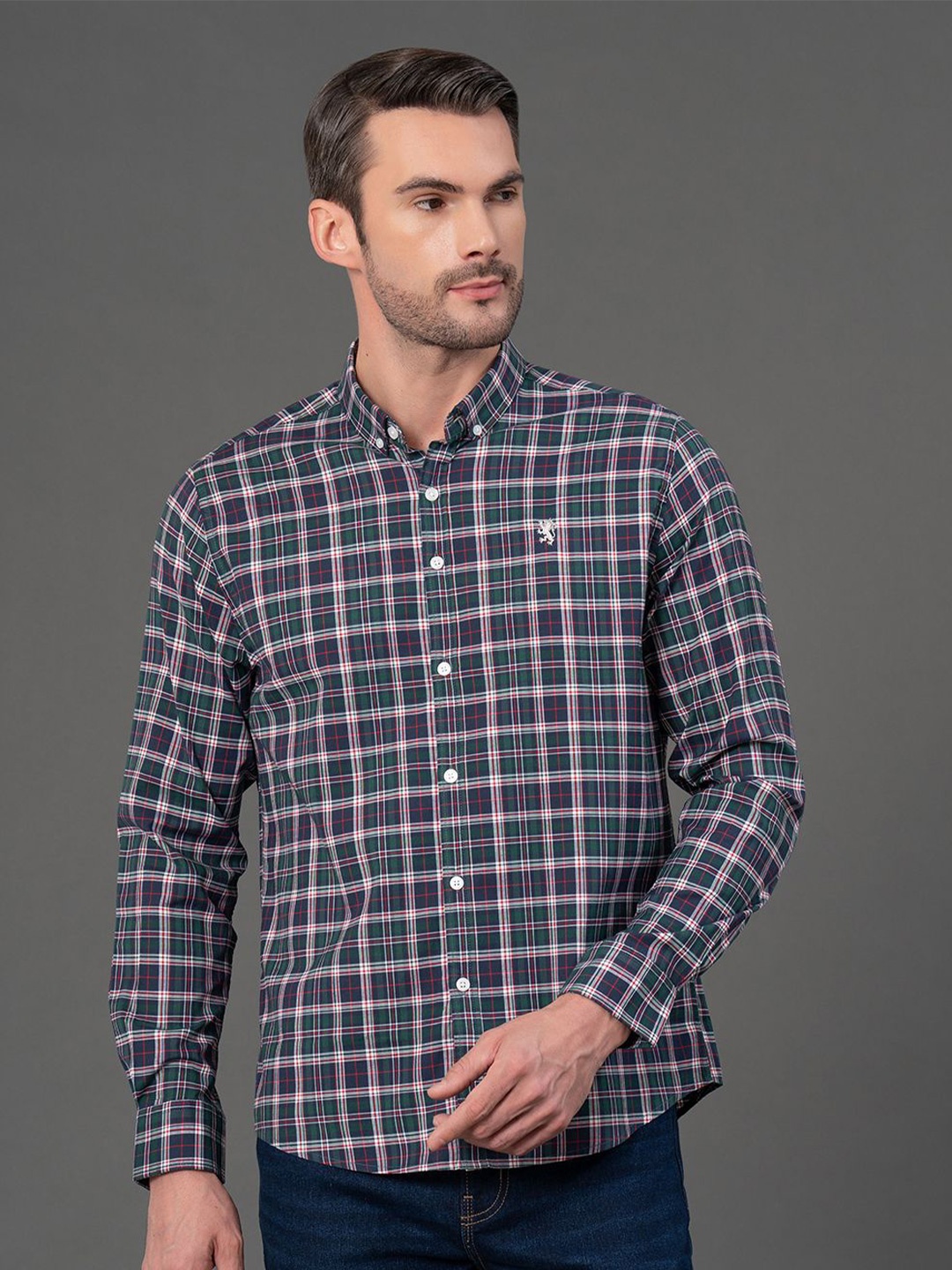 

Red Tape Men Button Down Checked Casual Shirt, Green