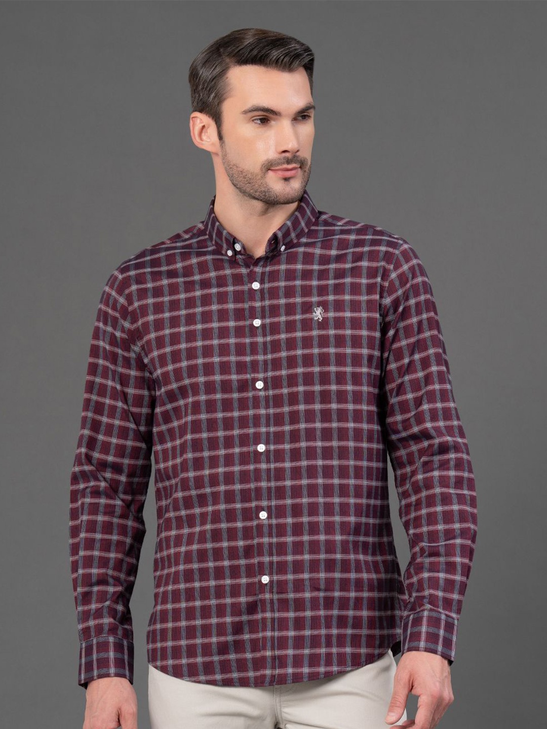 

Red Tape Men Button Down Checked Casual Shirt, Maroon