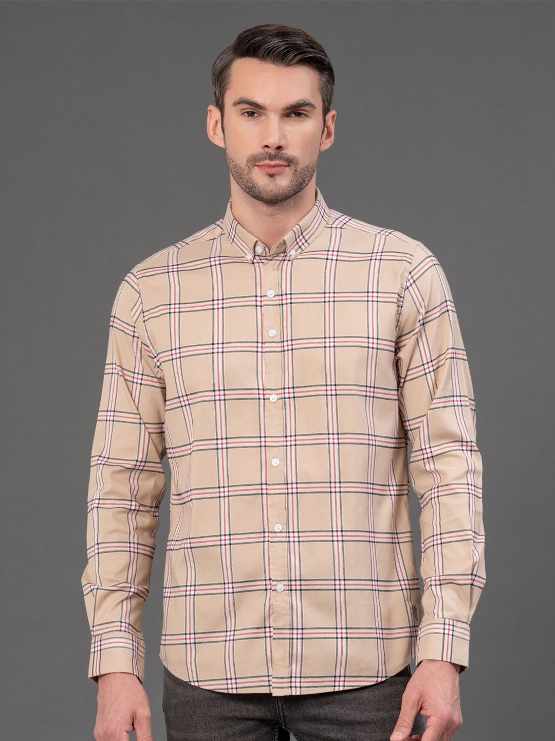 

Red Tape Men Button Down Checked Casual Shirt, Brown