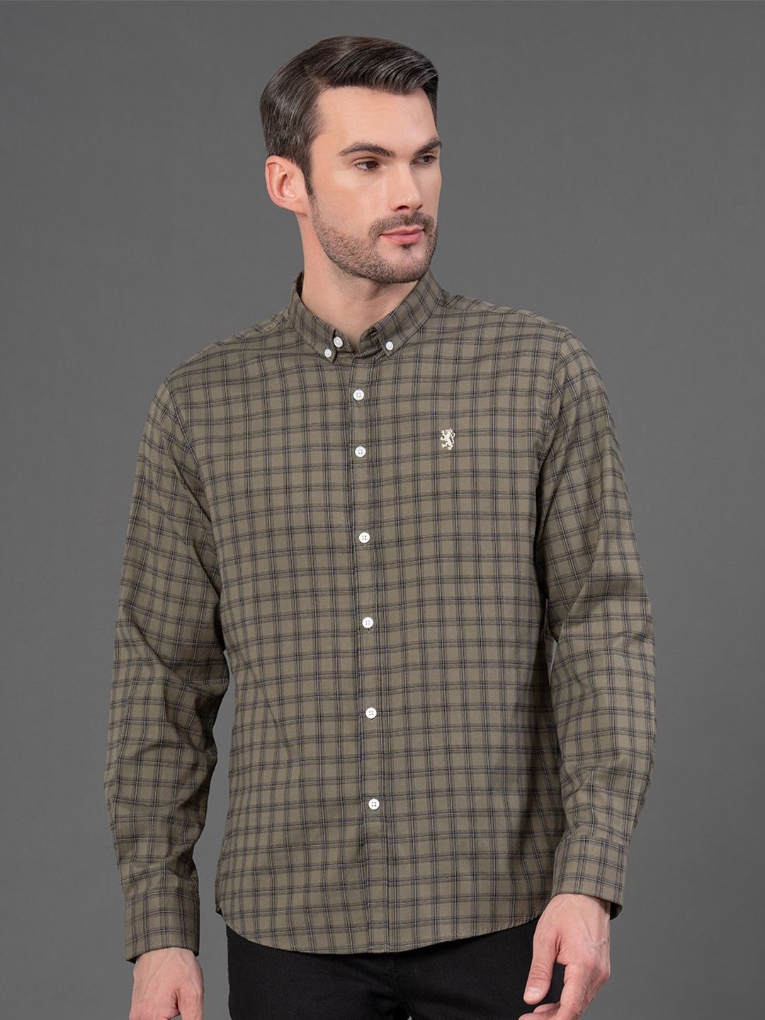 

Red Tape Men Gingham Checks Opaque Checked Casual Shirt, Olive