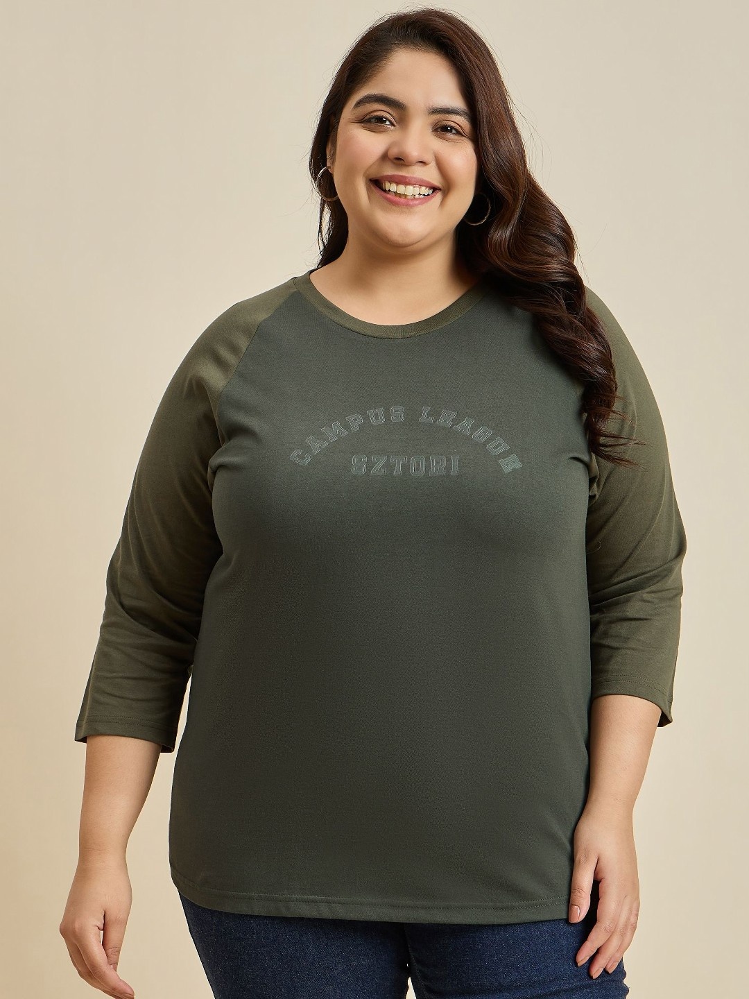 

Sztori Women Typography Plus Size Tshirt, Olive