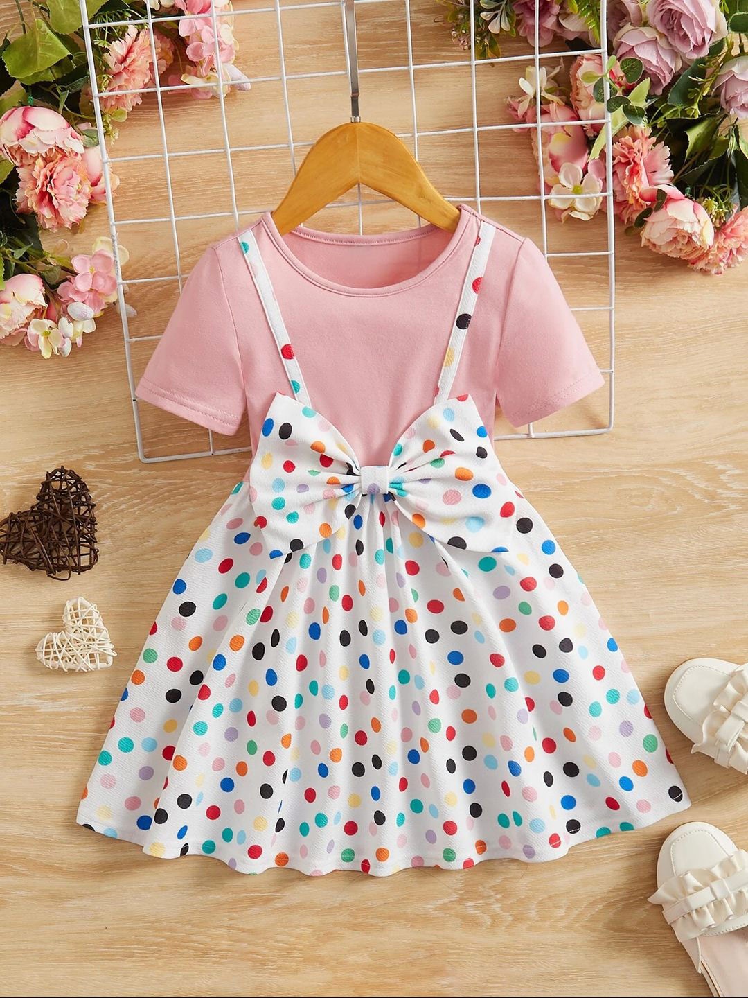 

BAESD Girls Polka Dot Print Round Neck Short Sleeves Pinafore Dress, Pink