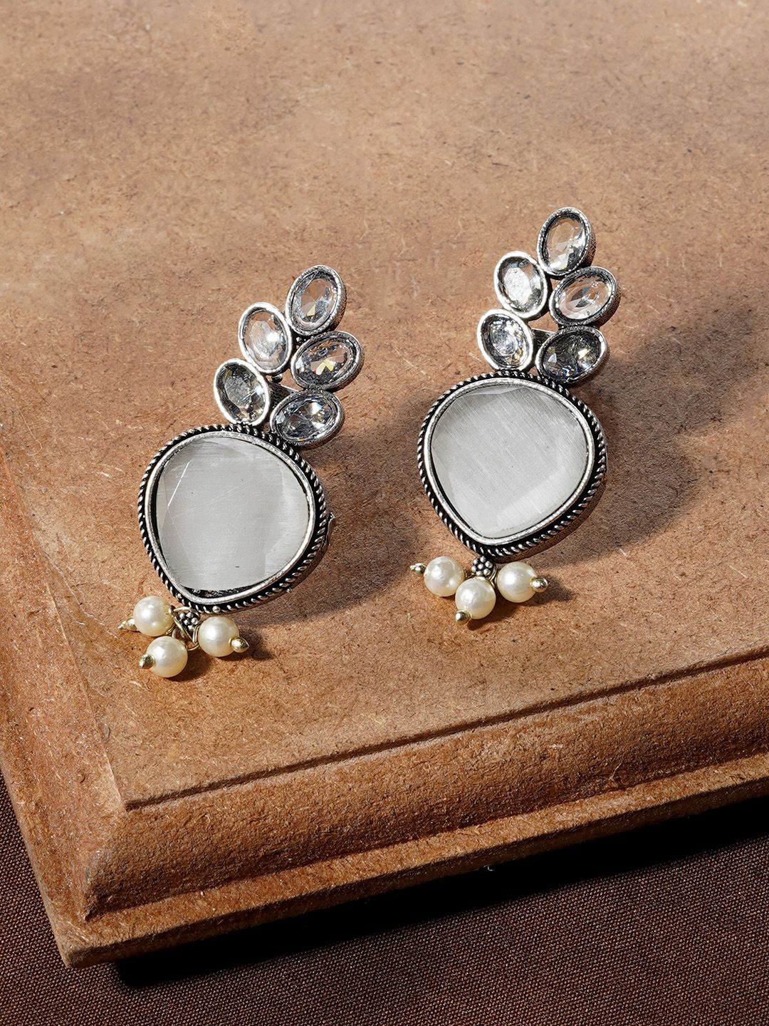 

TEEJH Whispering Stones Studded Classic Oxidised Drop Earrings, Silver
