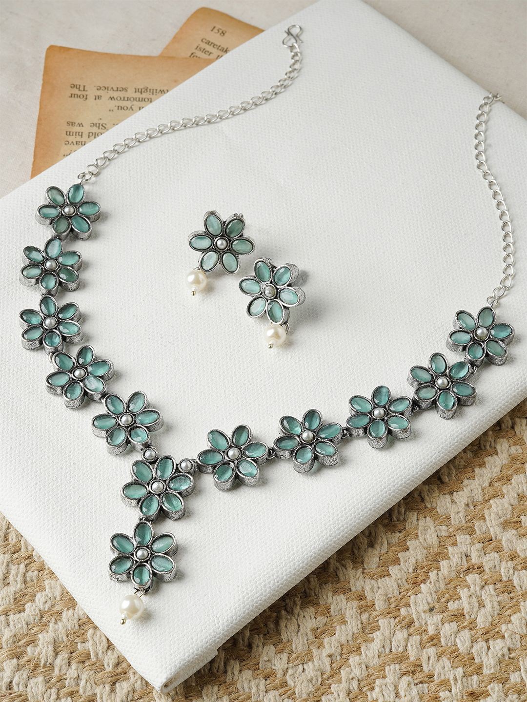 

TEEJH Stone-Studded Floral Motif Jewellery Set, Turquoise blue