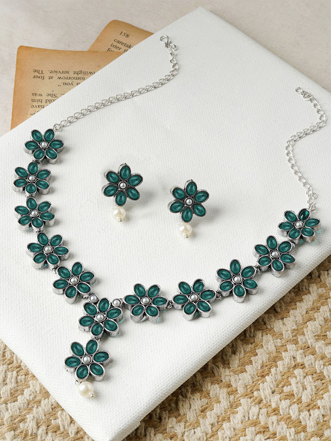 

TEEJH Stone-Studded Floral Motif Jewellery Set, Silver