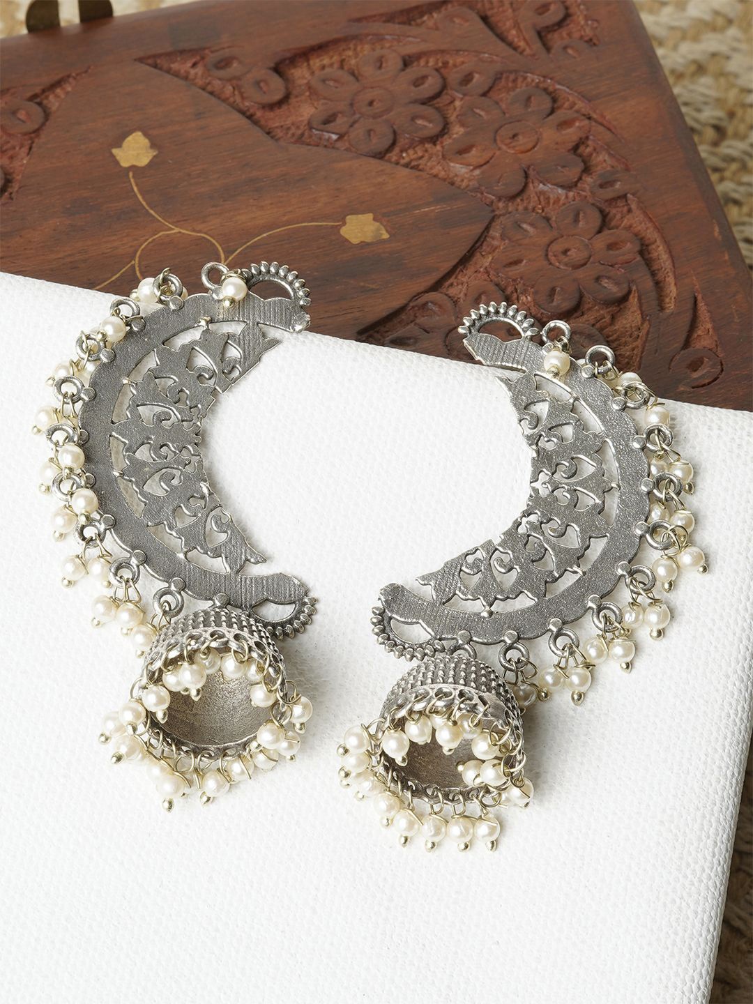 

TEEJH Dome Shaped Artificial Beades Oxidised Jhumkas, Silver