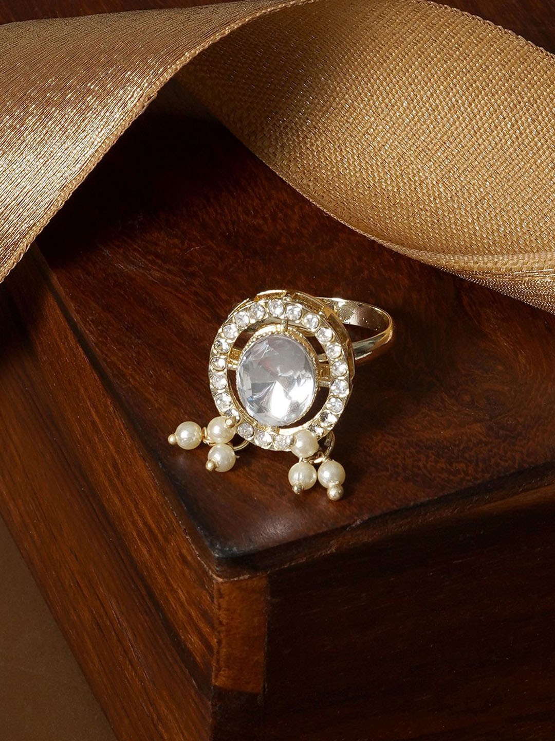 

TEEJH Jhilmil Gold-Plated Stone-Studded Adjustable Finger Ring