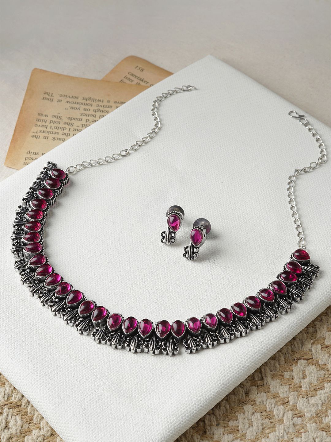 

TEEJH Stone Studded Oxidised Jewellery Set, Silver