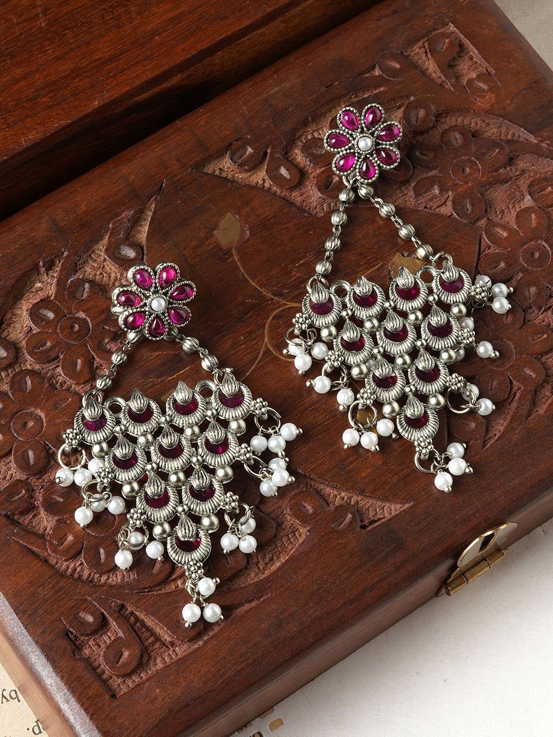 

TEEJH Karthika Silver Classic Oxidised Ruby Chandbalis