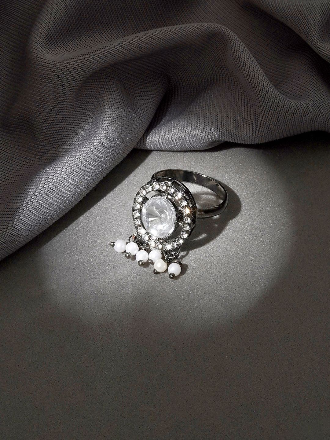 

TEEJH Falguni Silver Pearl Beaded Oxidised Finger Ring