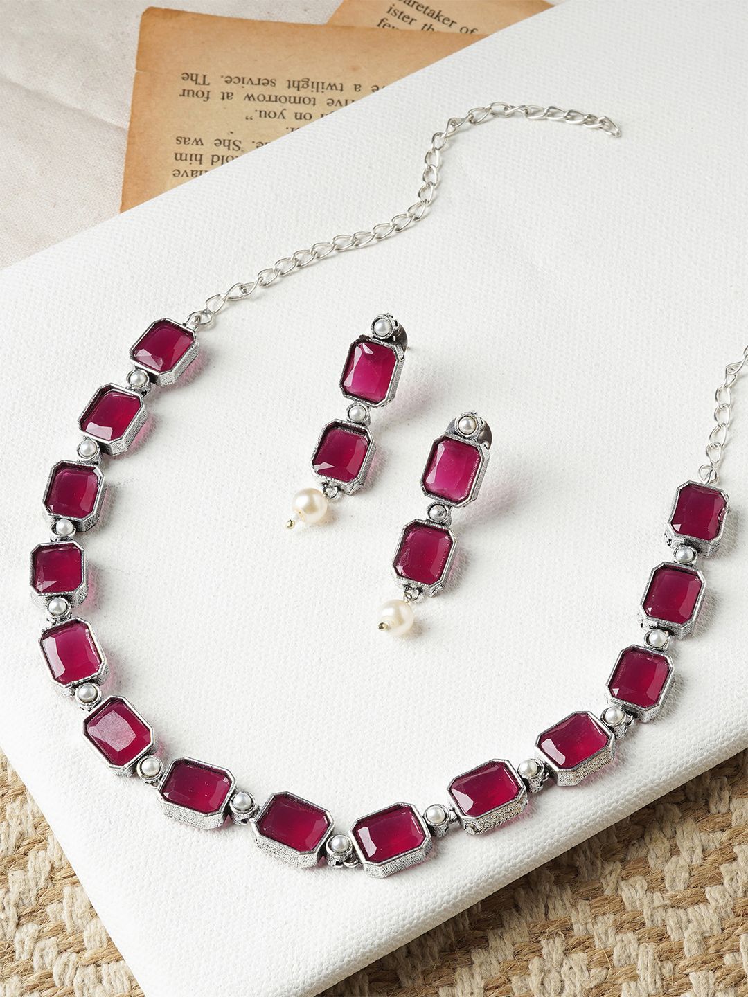 

TEEJH Noir Silver Stone-Studded Jewellery Set