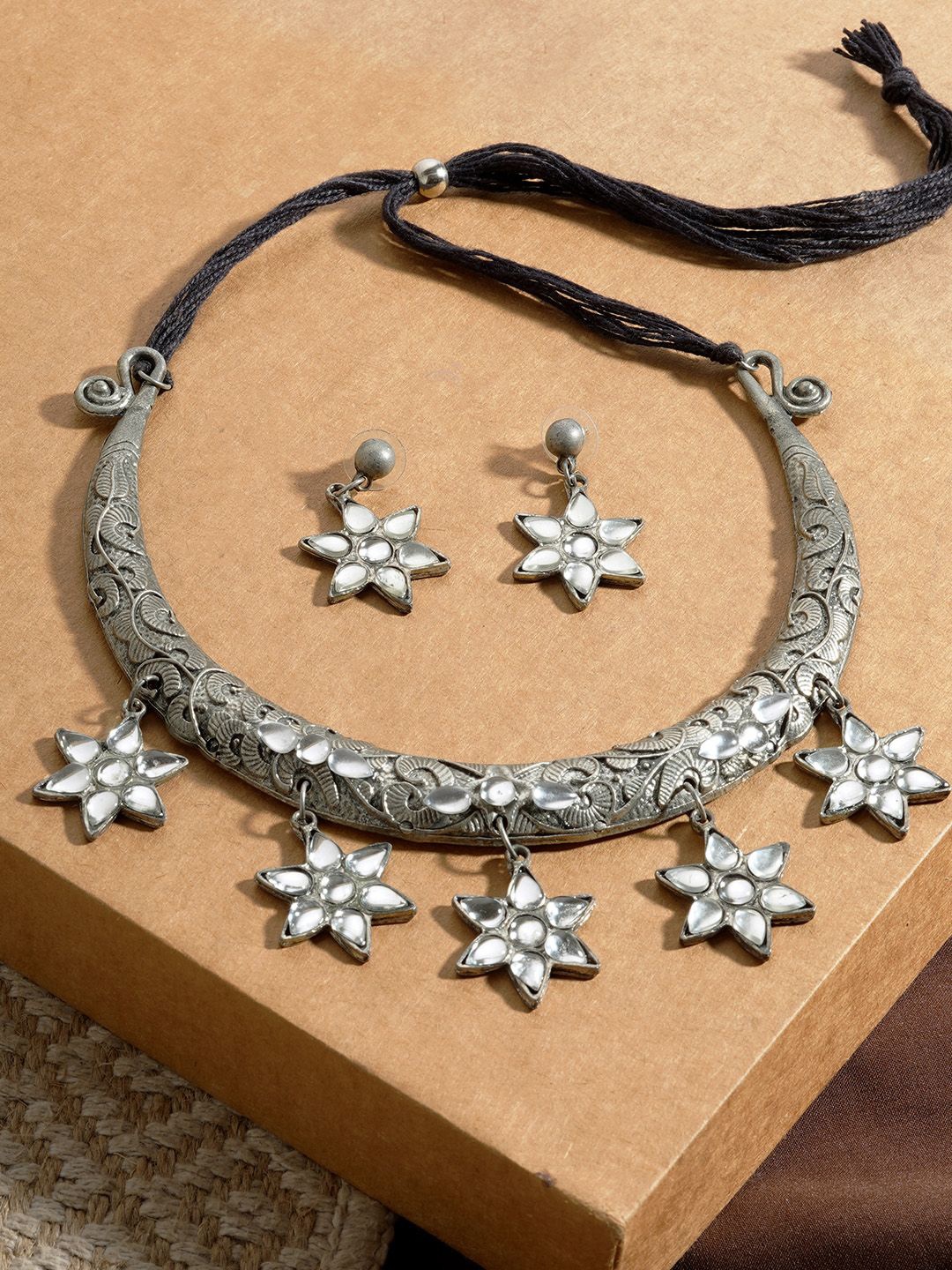 

TEEJH Dravya Silver Stones Studded Oxidised Jewellery Set