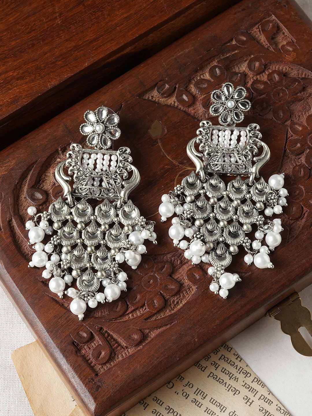 

TEEJH Khanzada Stones Studded & Beaded Classic Oxidised Drop Earrings, Silver