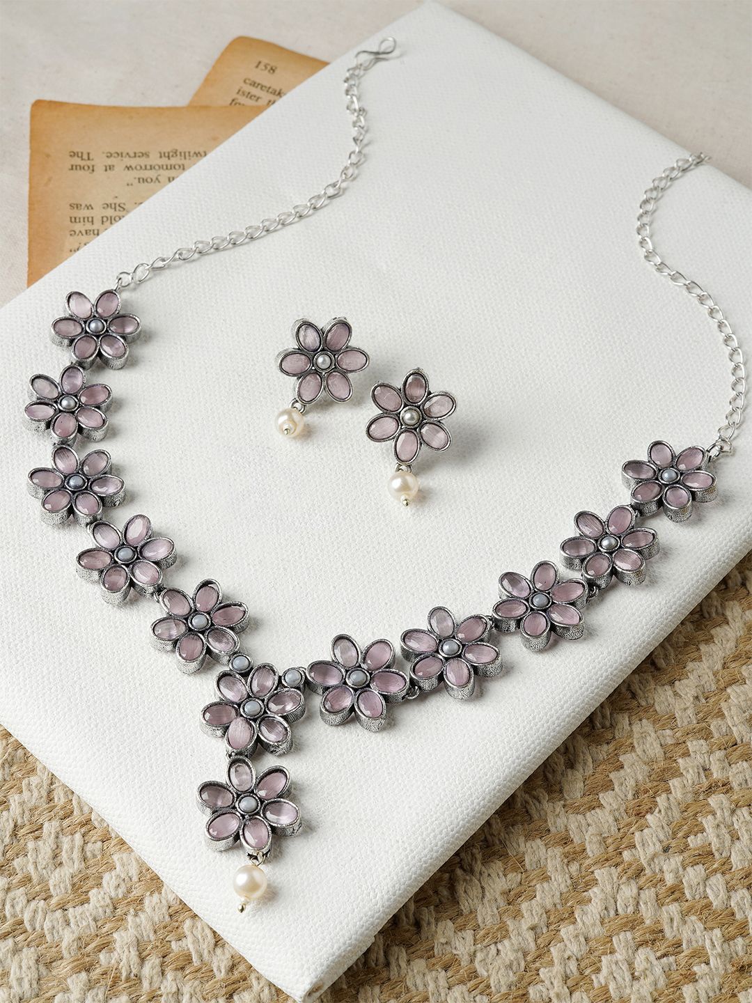 

TEEJH Floral Motifs Stone Studded & Beaded Jewellery Set, Silver