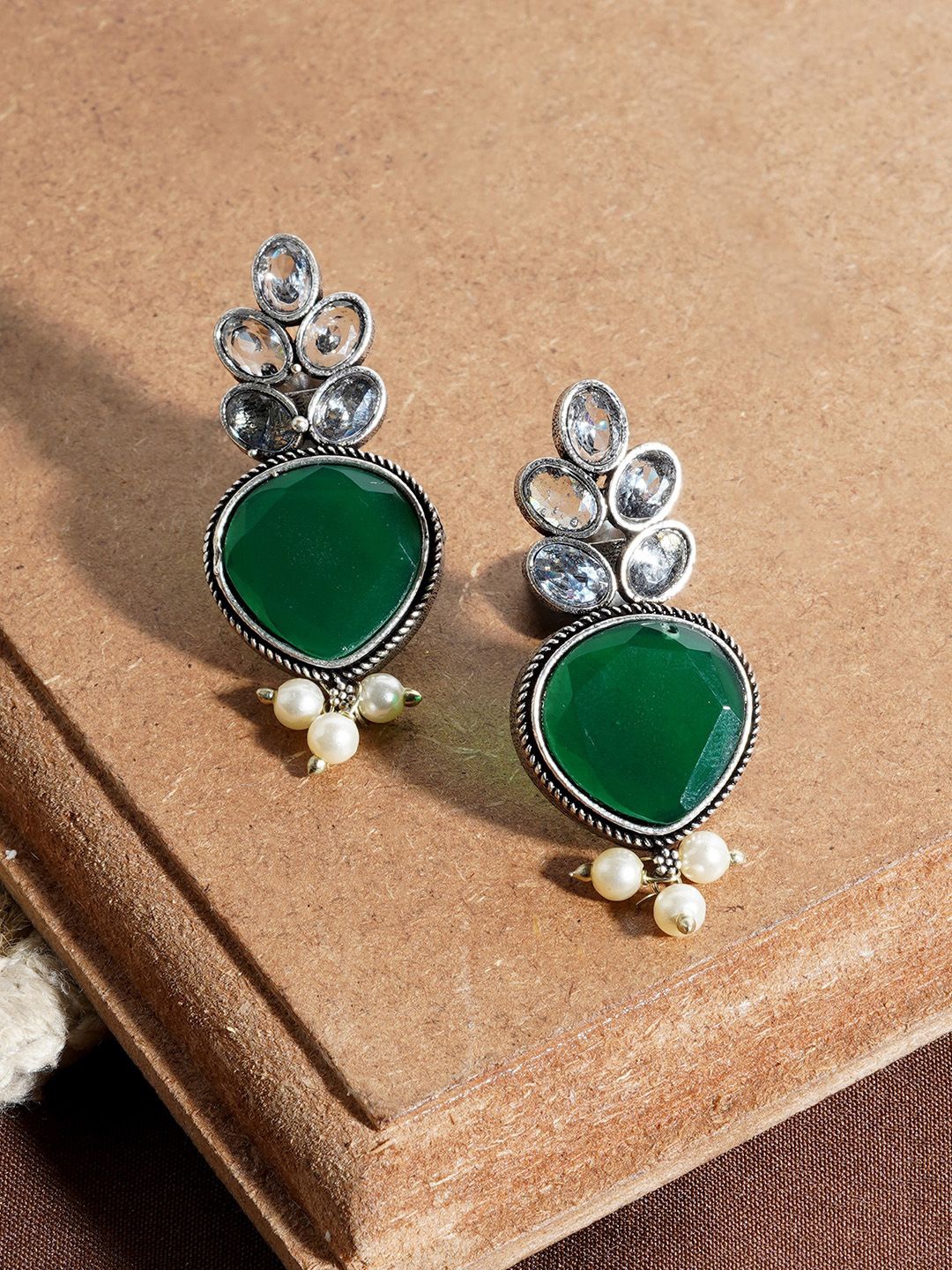 

TEEJH Classic Artificial Stones Studded Drop Earrings, Green